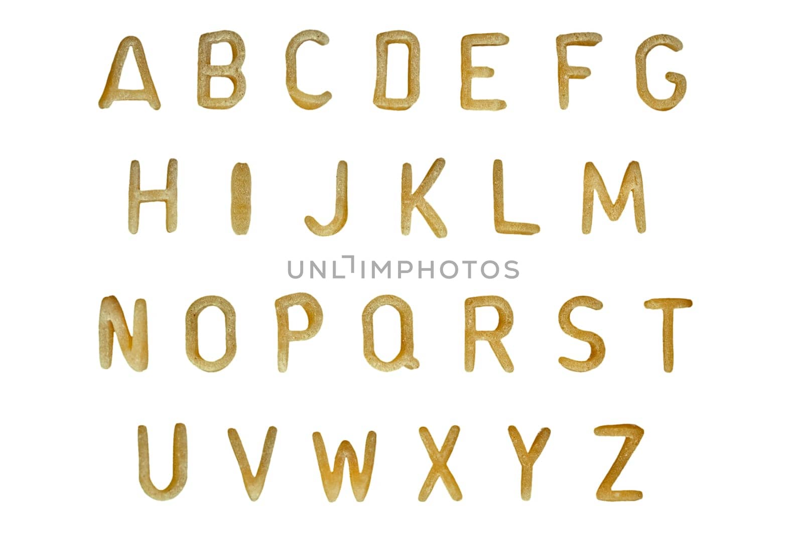 Alphabet soup pasta font. Typographic characters made from childrens food.