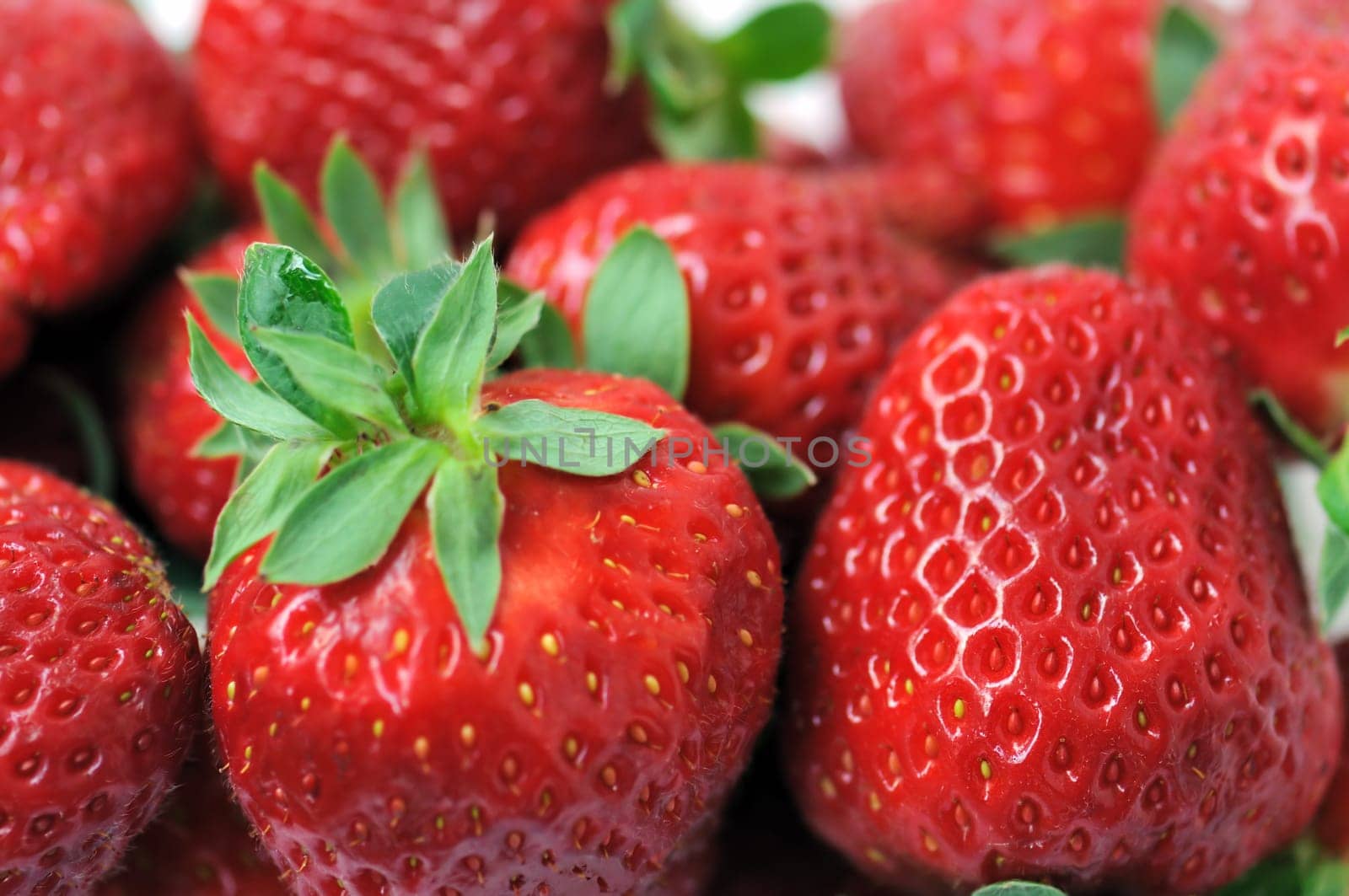 Fresh strawberries with stem background. Selective focus macro.
