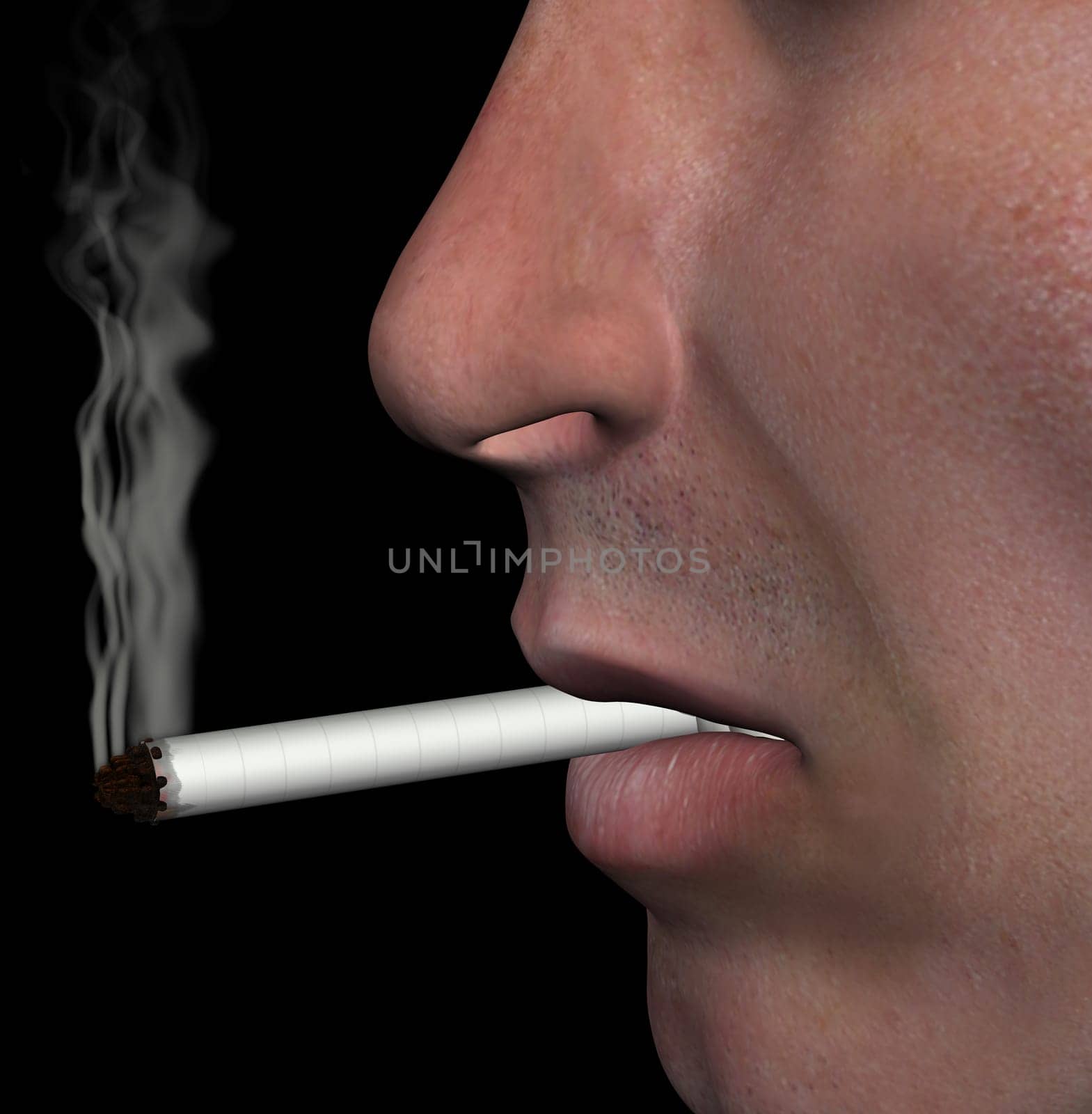 Smoking man closeup and cigarette smoke on black background. 3d illustration.