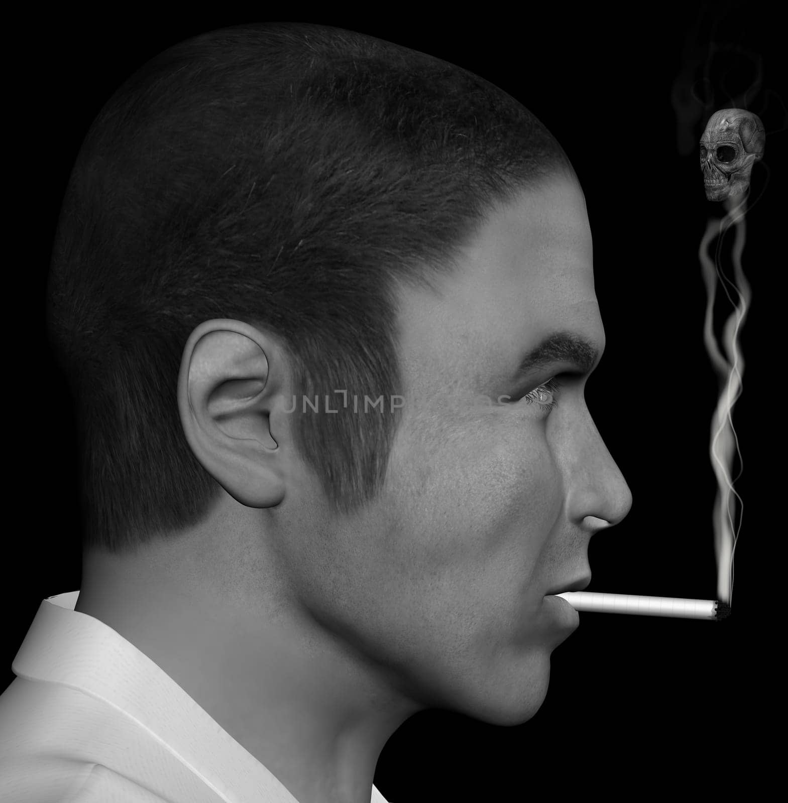 Man smoking a cigarette with skull forming through the smoke. 3d illustration.