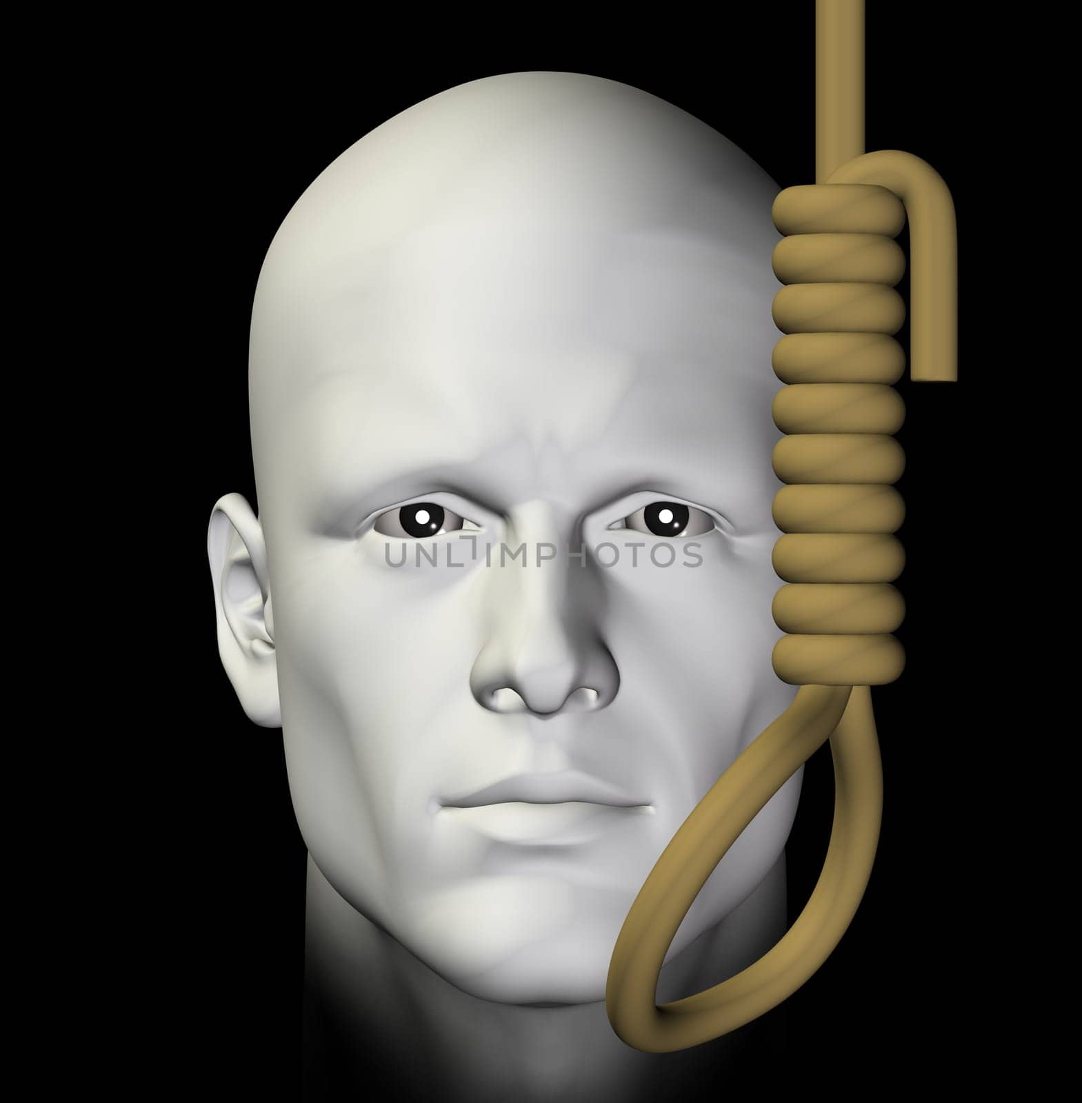 Suicidal man and hanging noose on black background. 3d illustration.