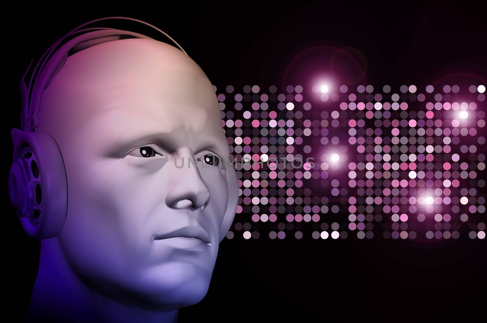 DJ with headphones and abstract nightclub lights dots background. 3d illustration.