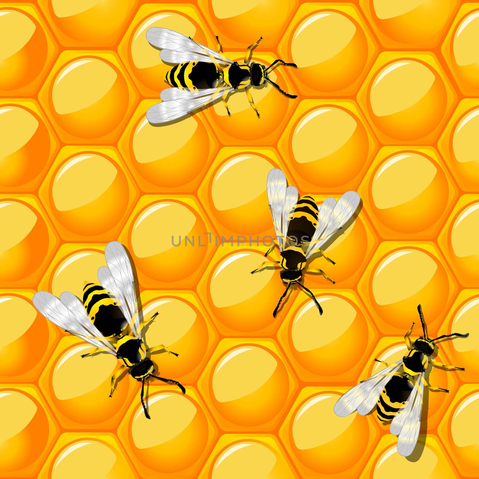 Bees and honeycomb, seamless background design. Ready for print design, no meshes or transparencies used.