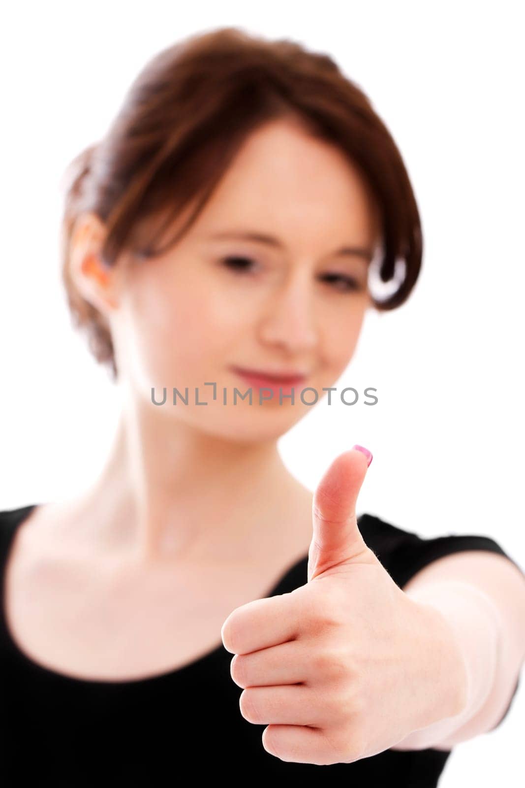 Young woman in black t-shirt showing thumbs up