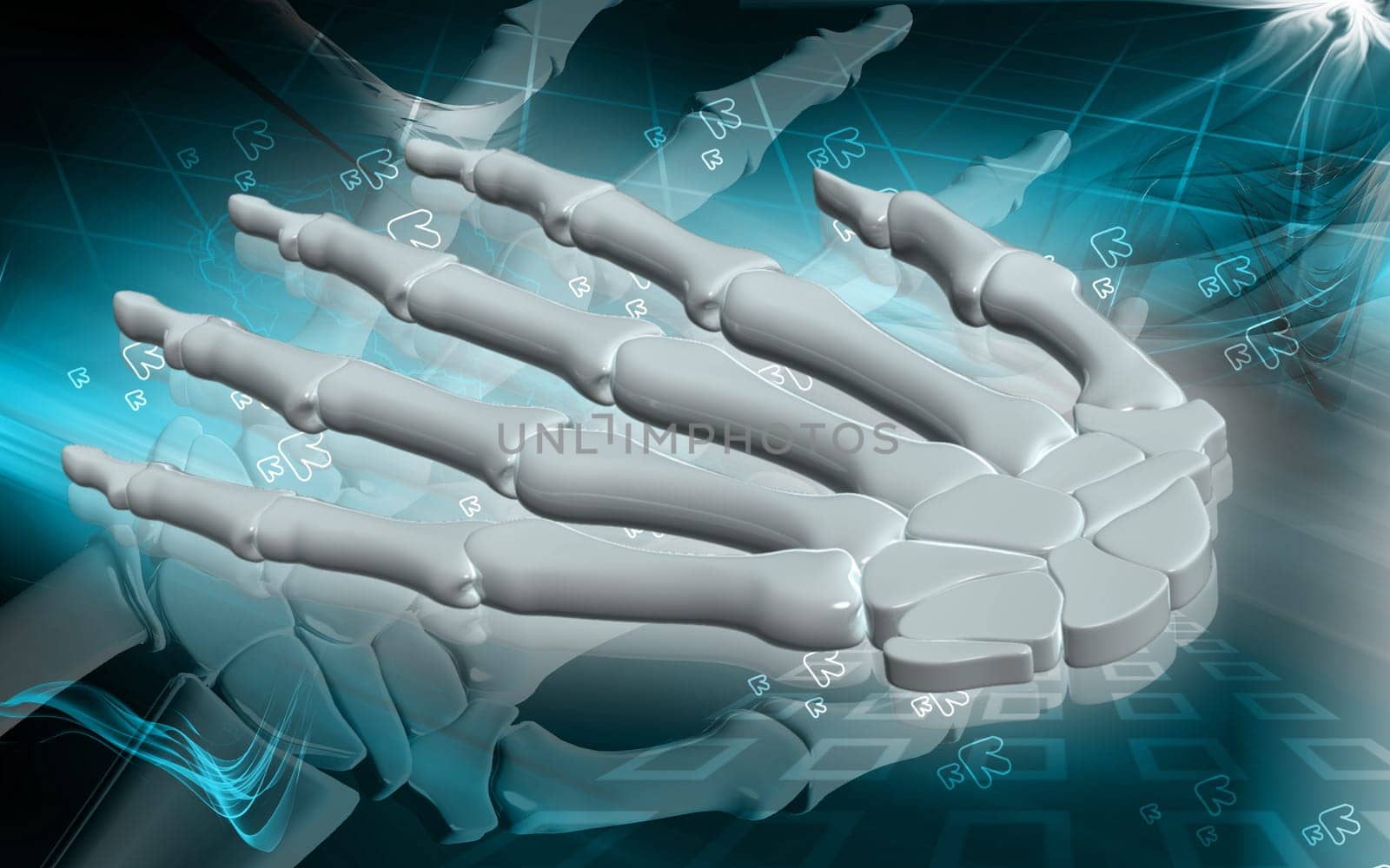 Digital illustration of hand bone in colour background