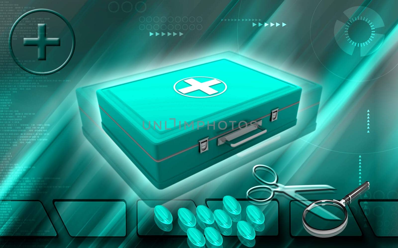 Digital illustration of First aid box in colour background