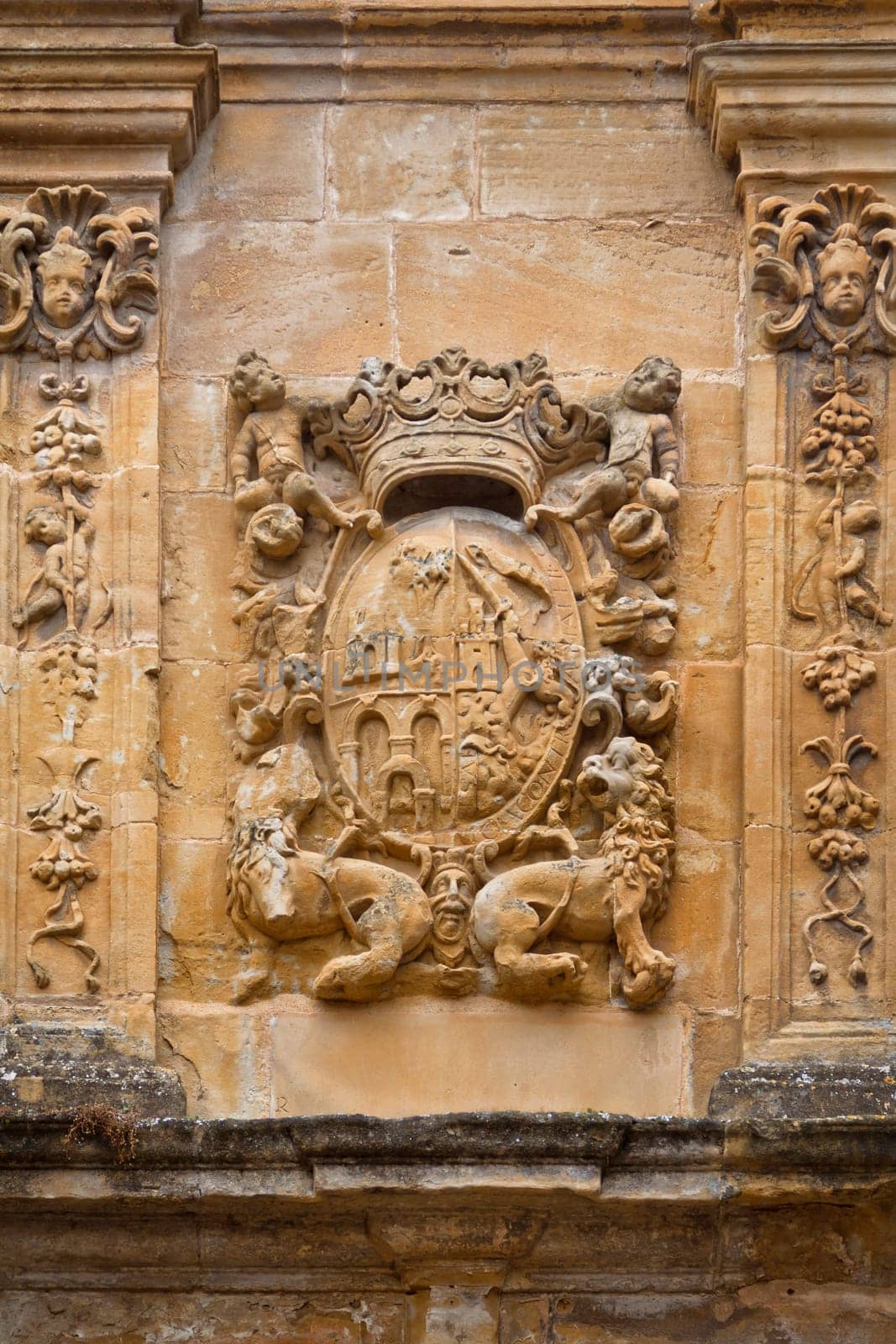 Carved stone coat of arms on the wall, Labastida, Alava, Spain