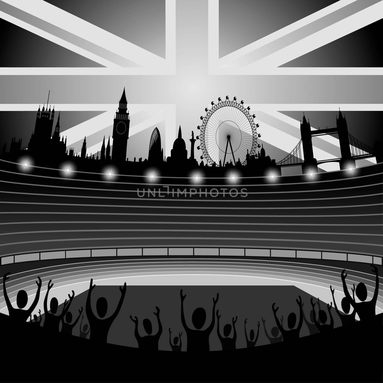 Illustration of the stadium with the London skyline on the horizon - London city - organizer of the Olympic Games