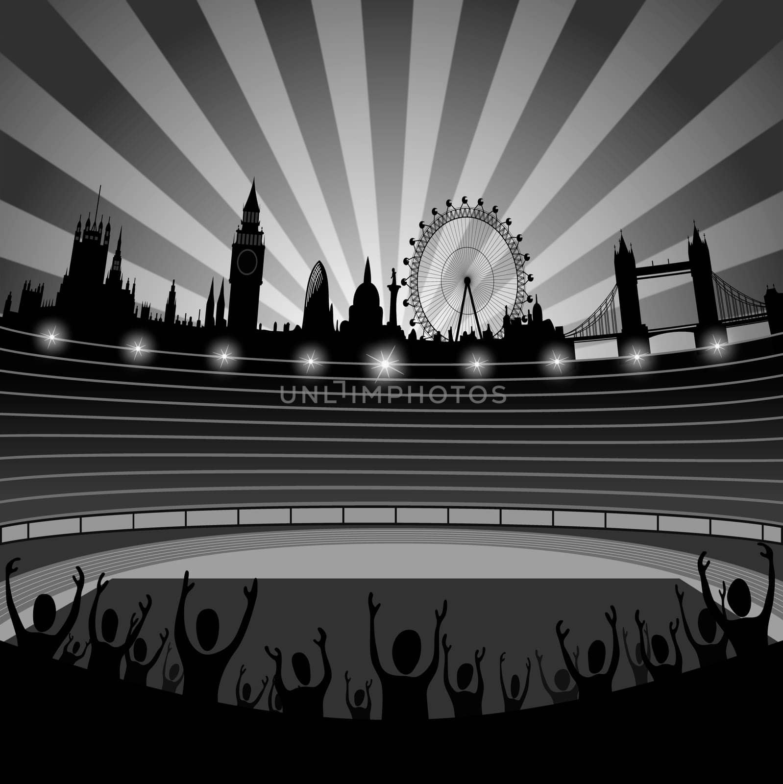 Illustration of the stadium with the London skyline on the horizon - London city - organizer of the Olympic Games 2012