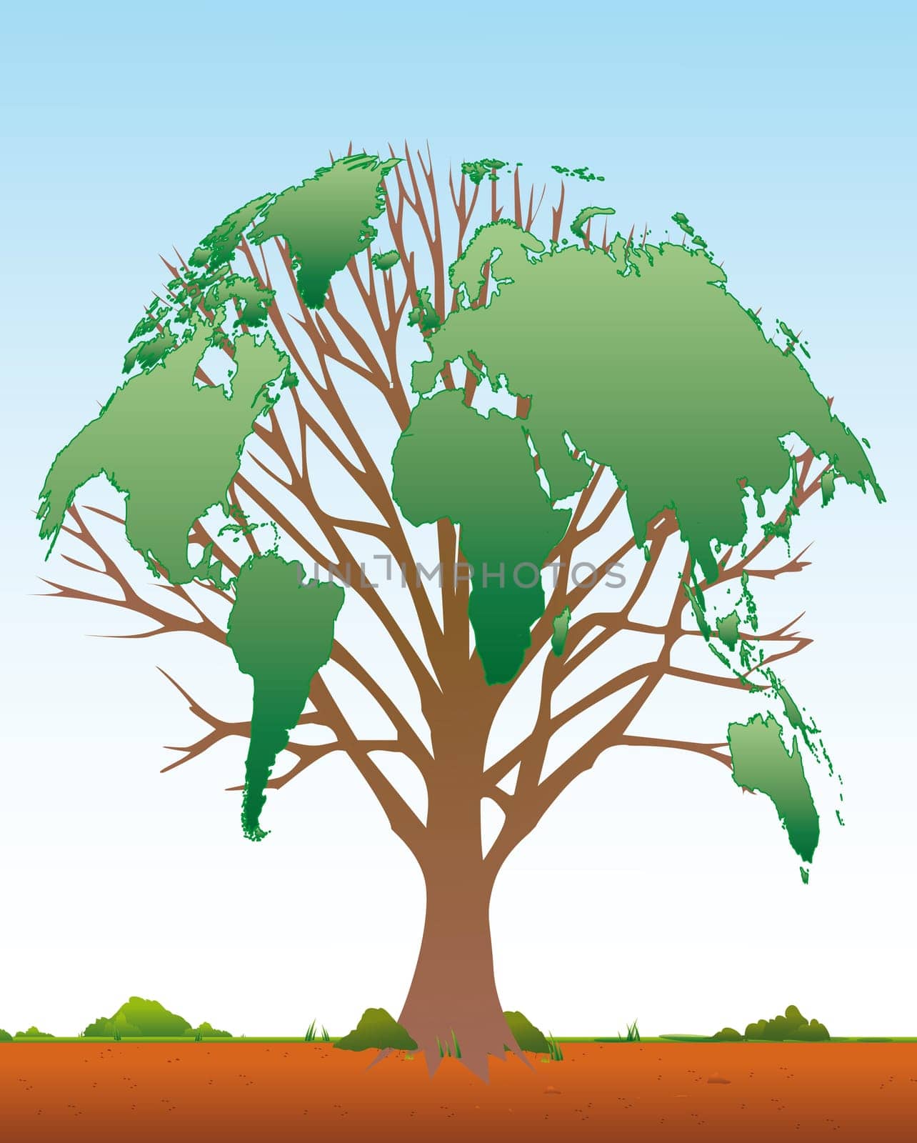 a world map on a tree in a meadow on a background of blue sky