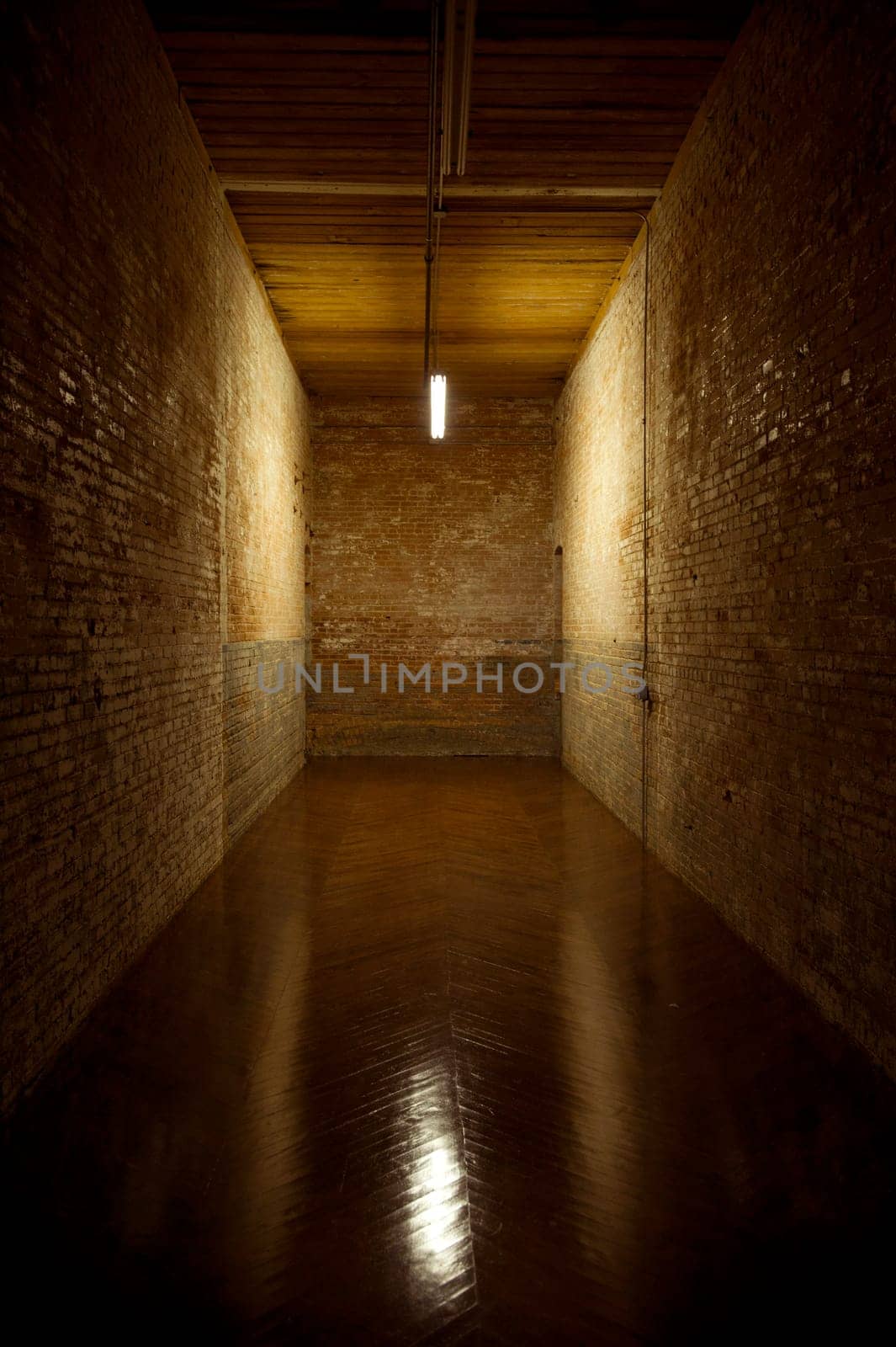 Image of a brick hallway, wood floor and wood roof lit bt a single light leading into a dead end