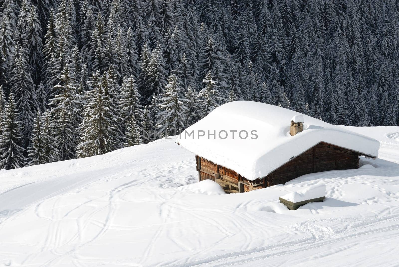 Bow-window of a chalet in a ski resort.
