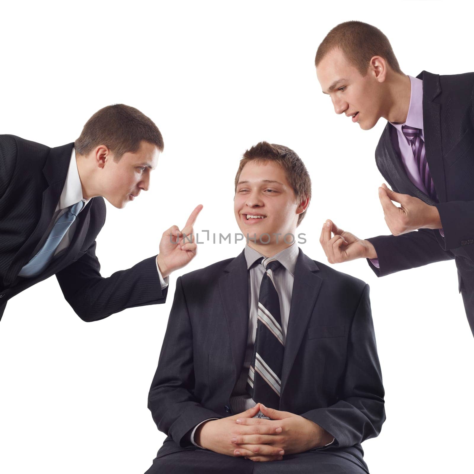 Young business man despising colleagues` and friends`  counsels