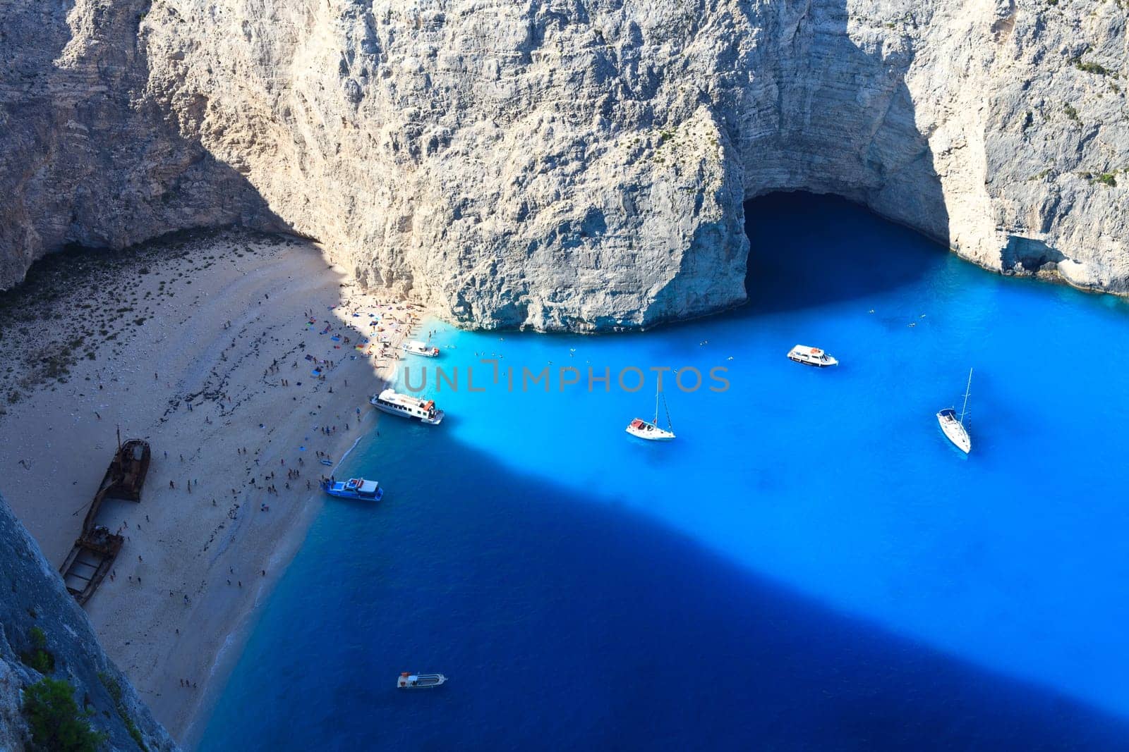 view of the shipwreck on the beach Navagio in Zakynthos, Greece