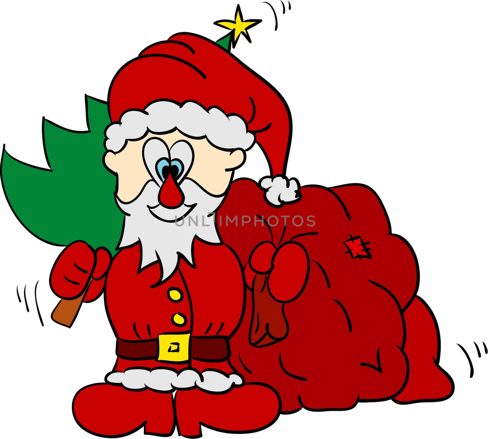 vector - Santa with bag and tree isolated on background