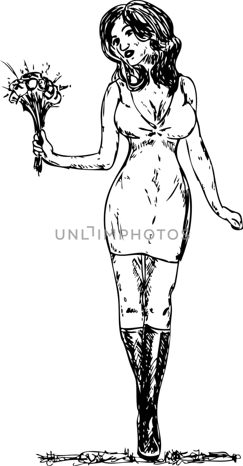 vector - young girl with flower, isolated on background