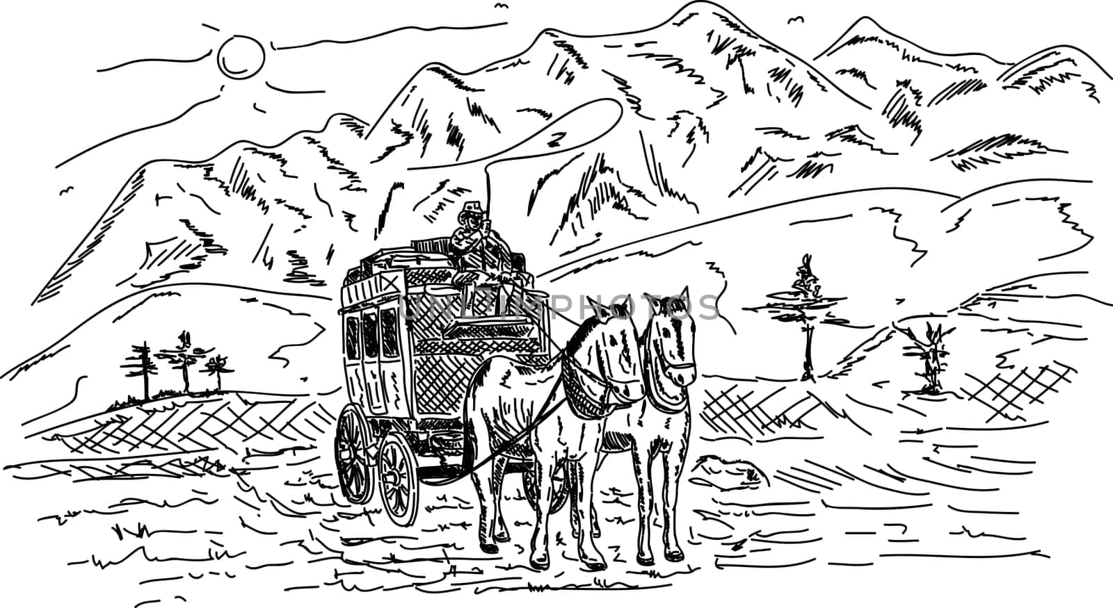 vector - Horse wagon ,high mountains at sunny day