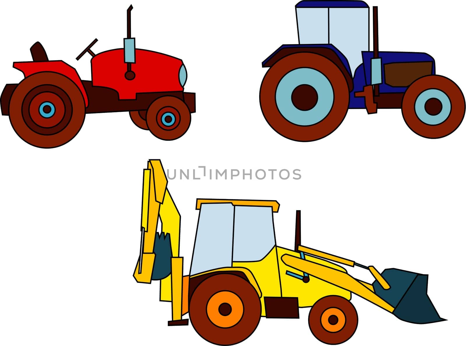 set of various tractors