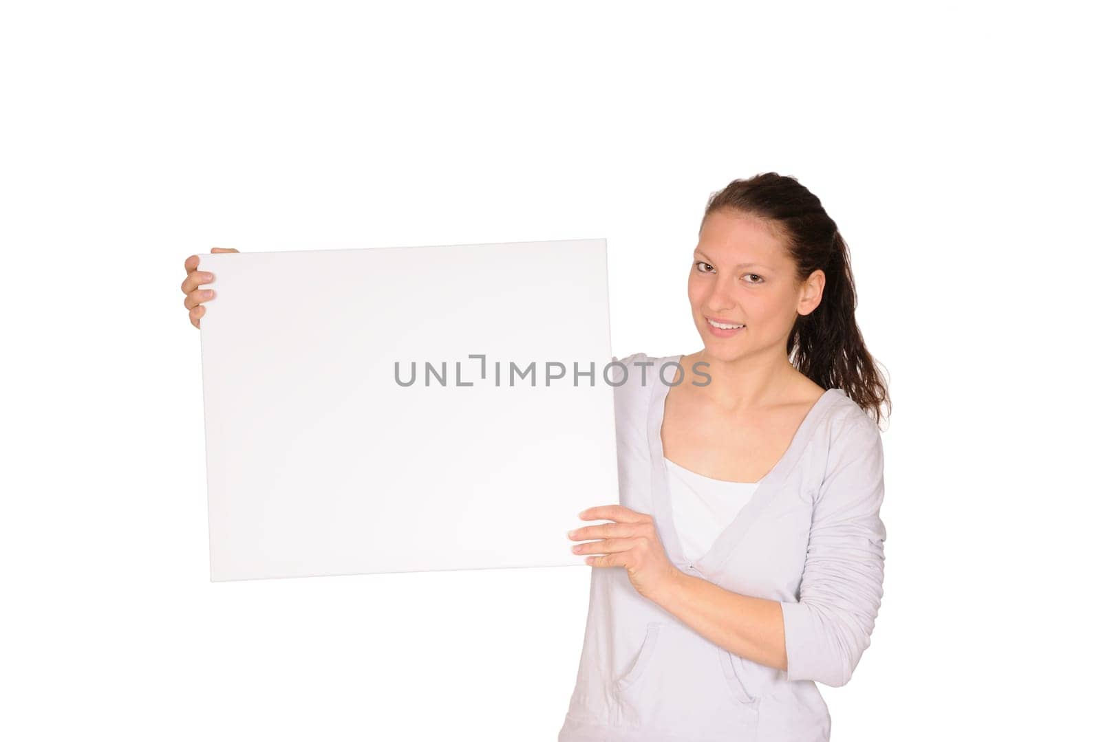 Young woman with white chalkboard