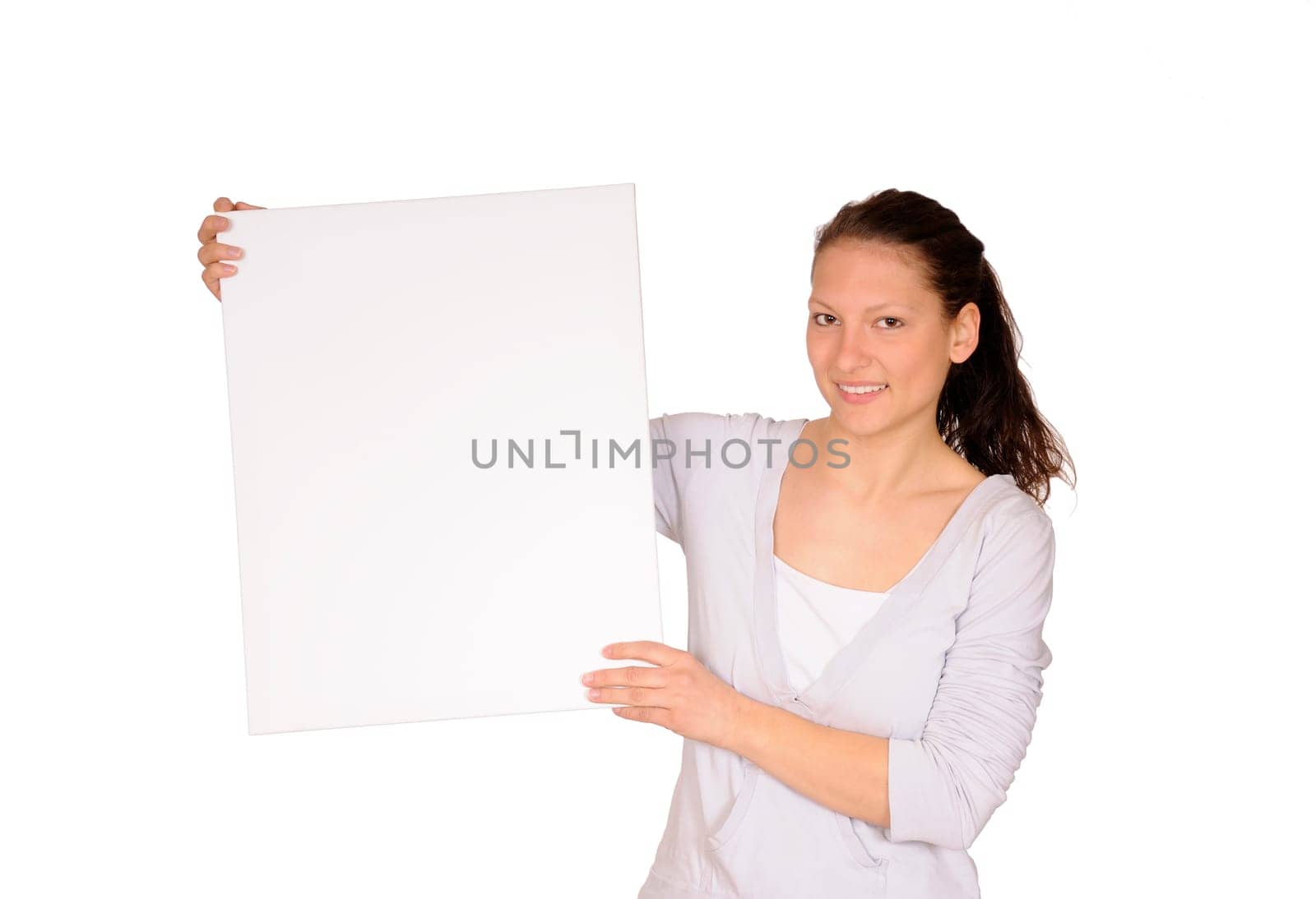 Young woman with white chalkboard