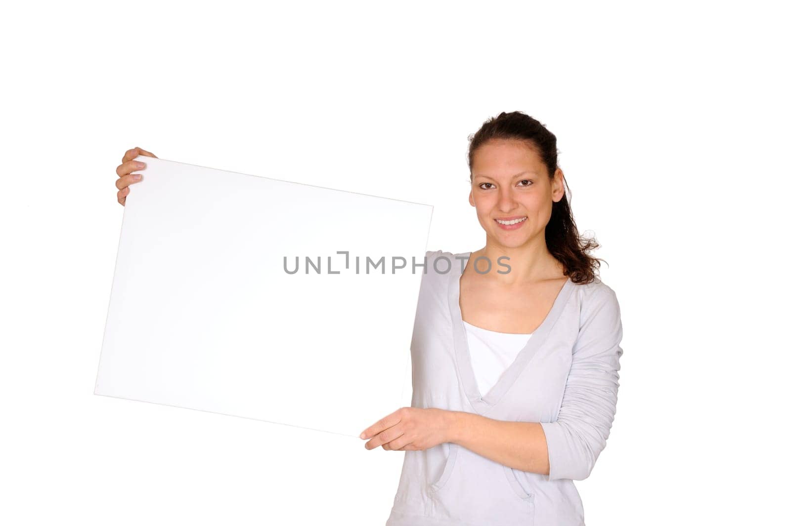 Young woman with white chalkboard