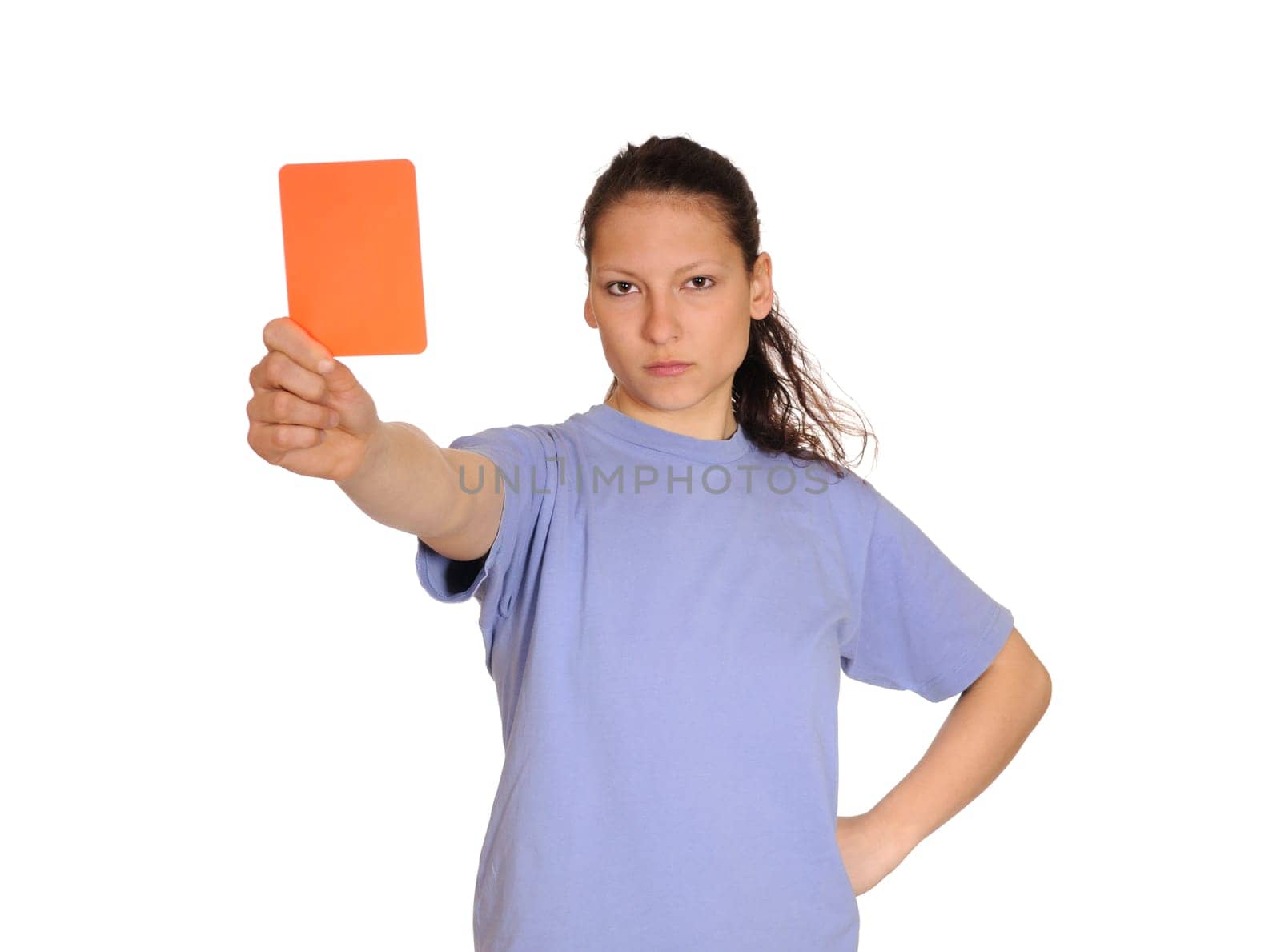 Young woman showing the red card