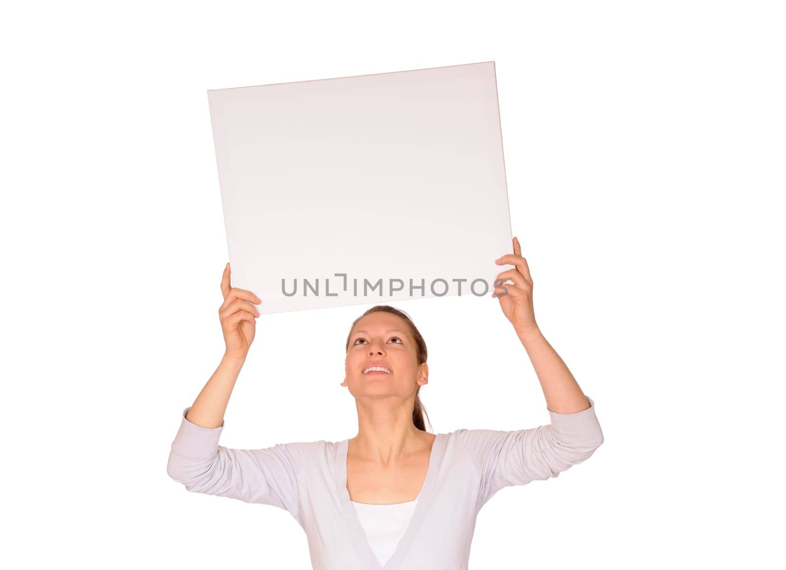 Young woman with white chalkboard