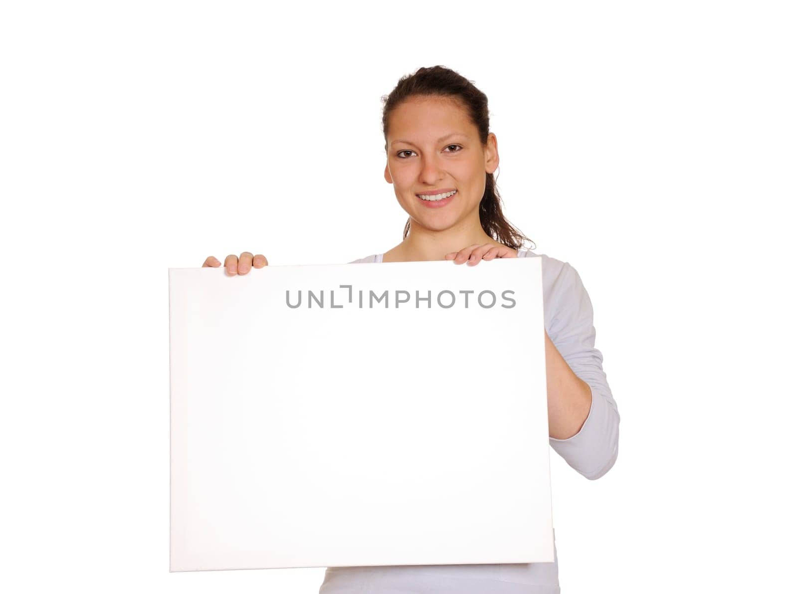 Young woman with white chalkboard