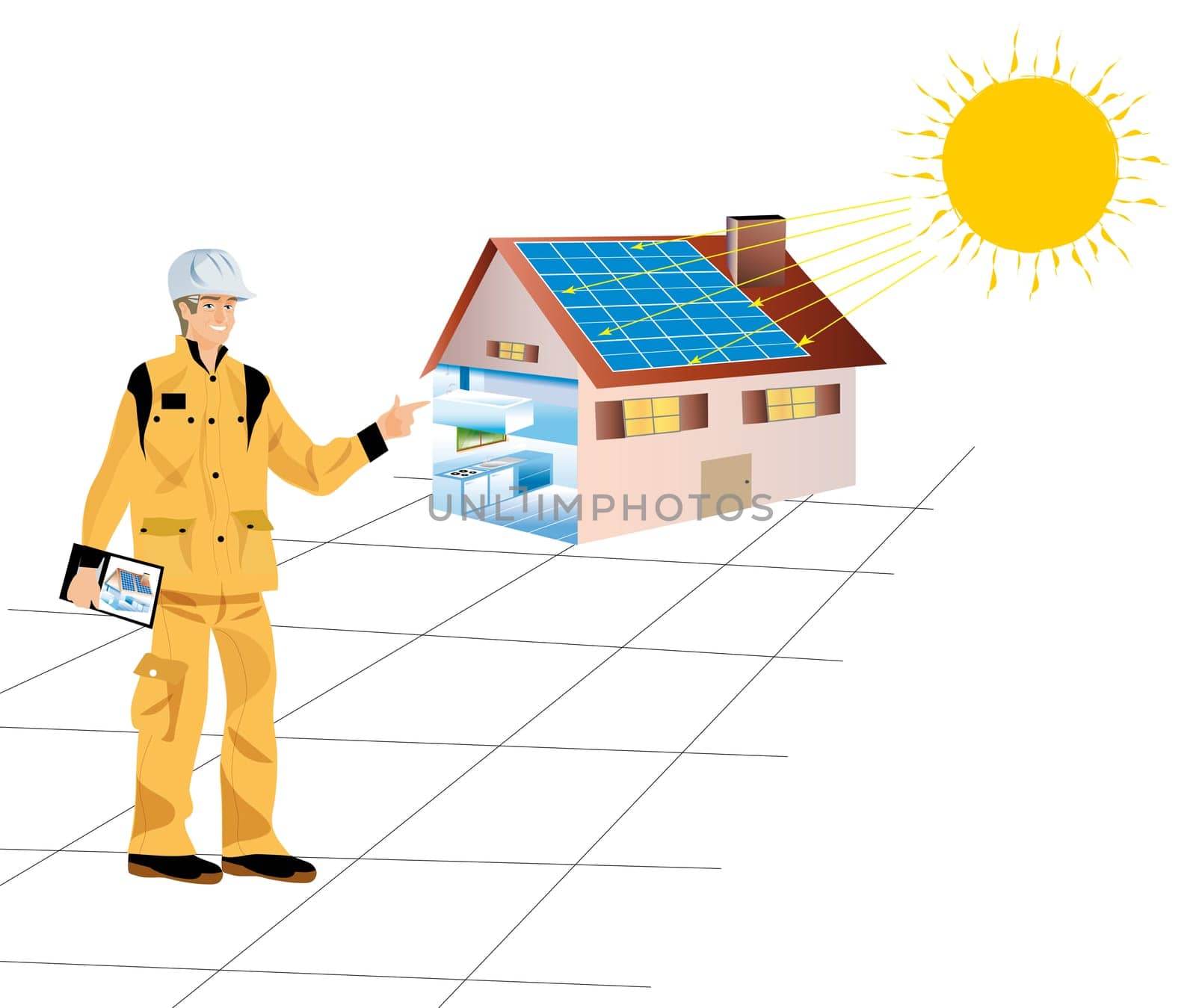 a construction worker with a house equipped with solar panels