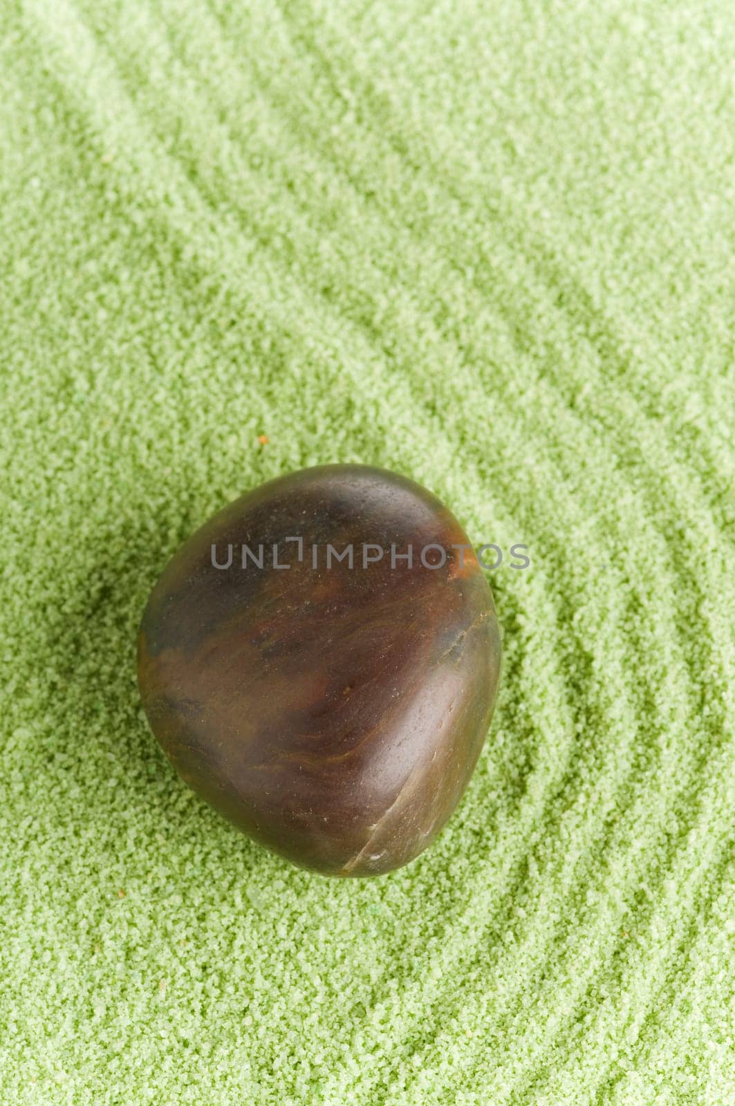 Brown round stone with lines on green sand