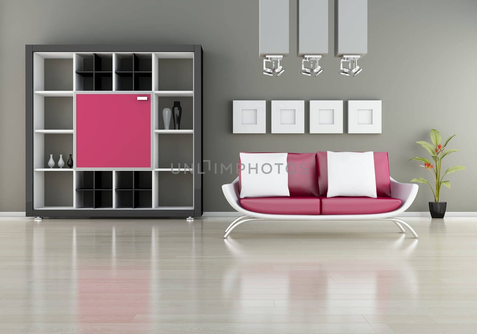 modern interior (3D render) -  Sofa With Bookshelf