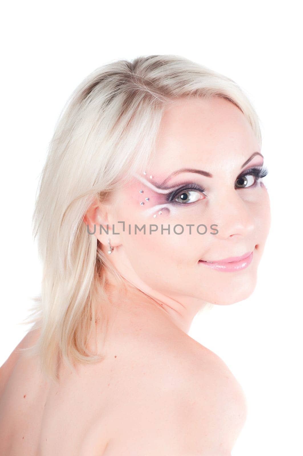Studio shot of woman with face art isolated on white