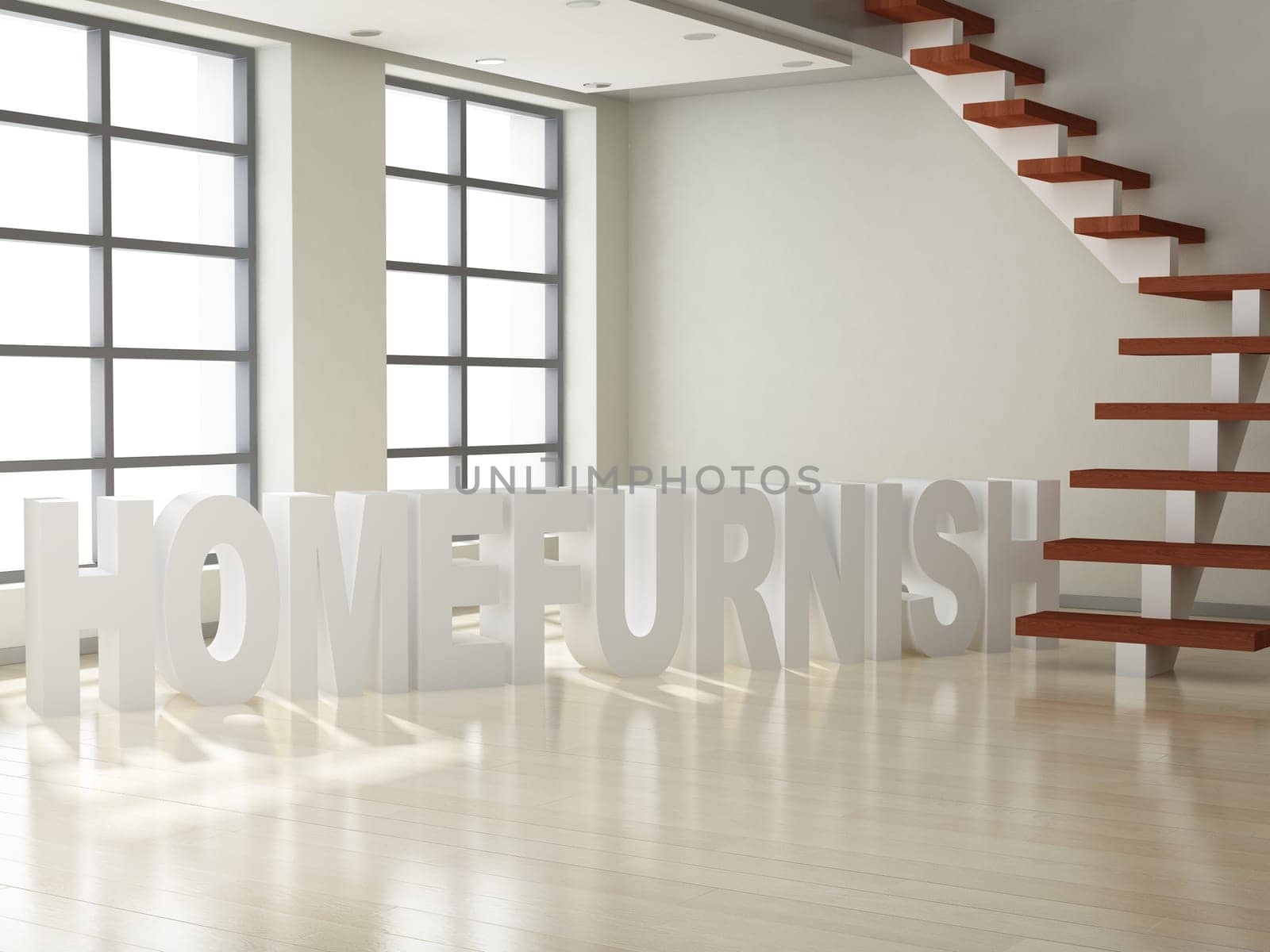Modern interior (3D render) - Empty Room with Three-dimensional  Text