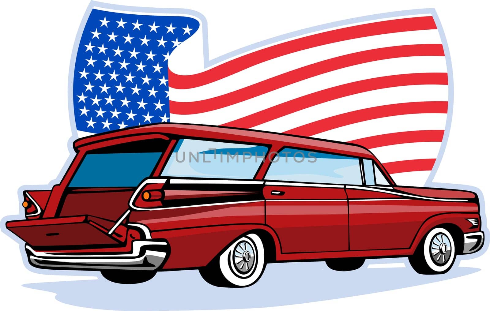 graphic design illustration of a 1950&#039 s styled station wagon isolated on white viewed from low angle done in retro  style