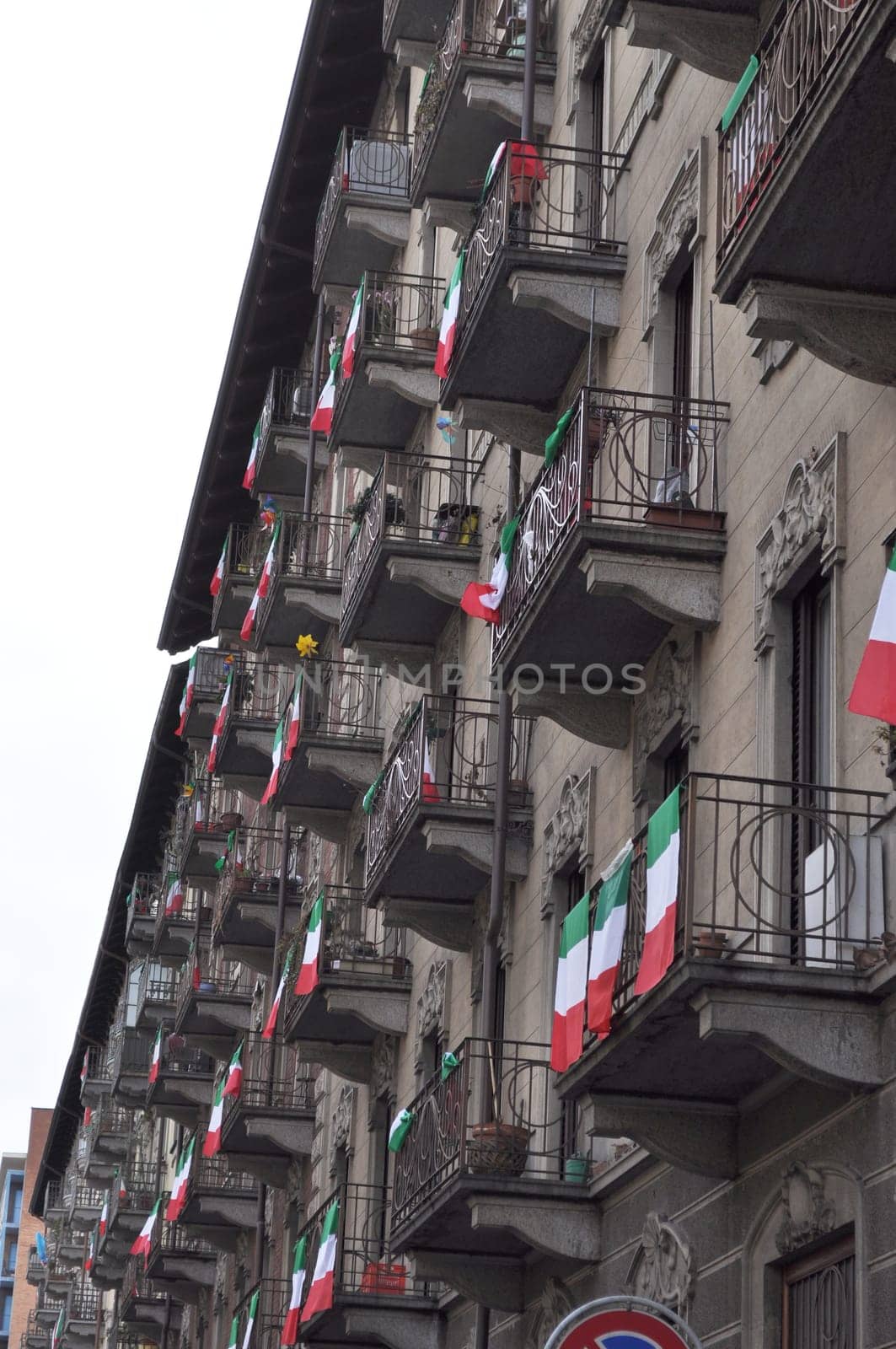 TURIN PIEDMONT ITALY MARCH 17: Celebrative flags for the 150th anniversary year of Italian unification March 17 2011 in Turin Piedmont Italy
