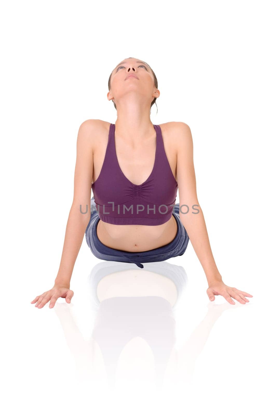 Yoga exercise on ground by Asian girl of fitness, full length portrait isolated on white background.