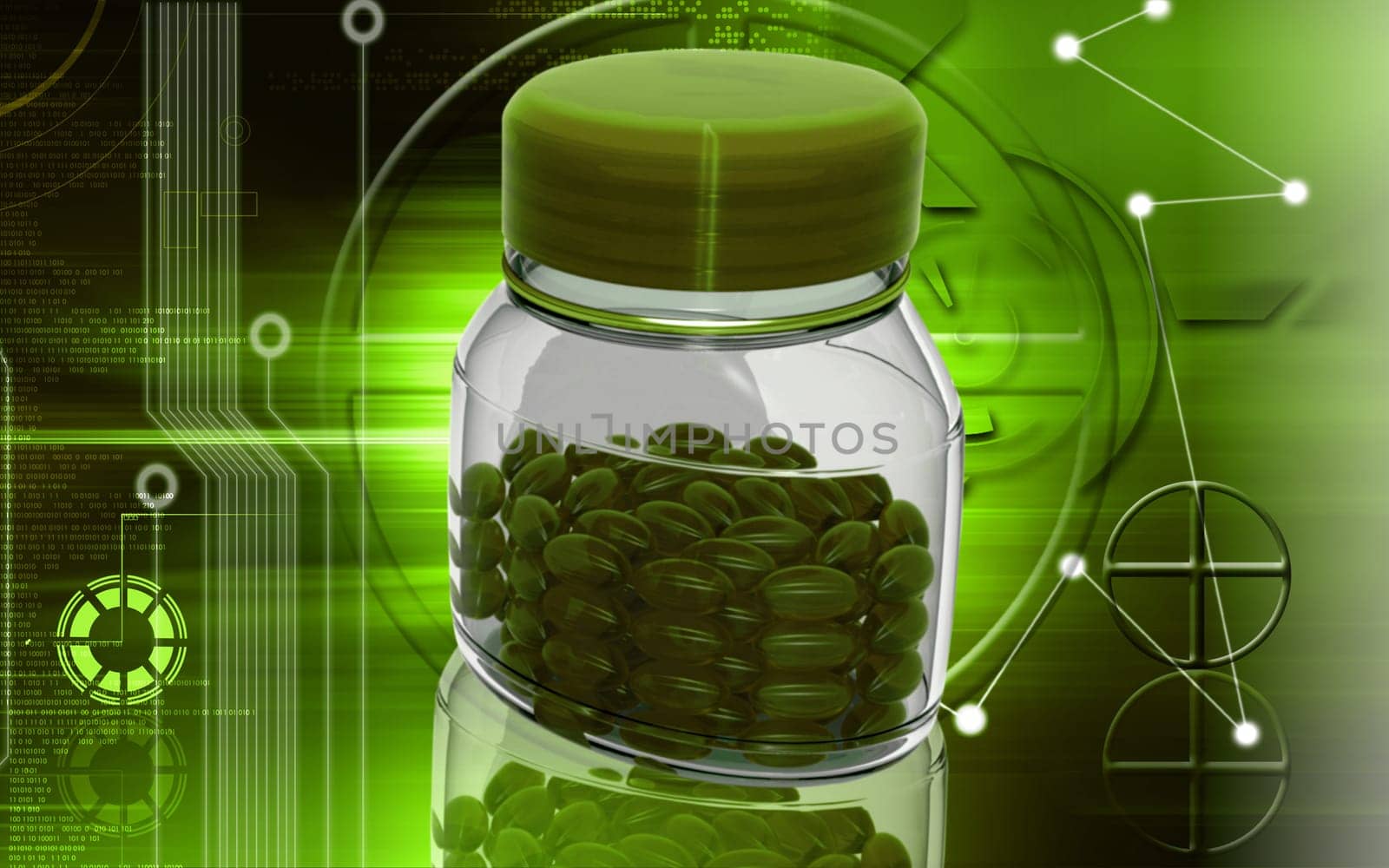 Digital illustration of capsule bottle in colour background