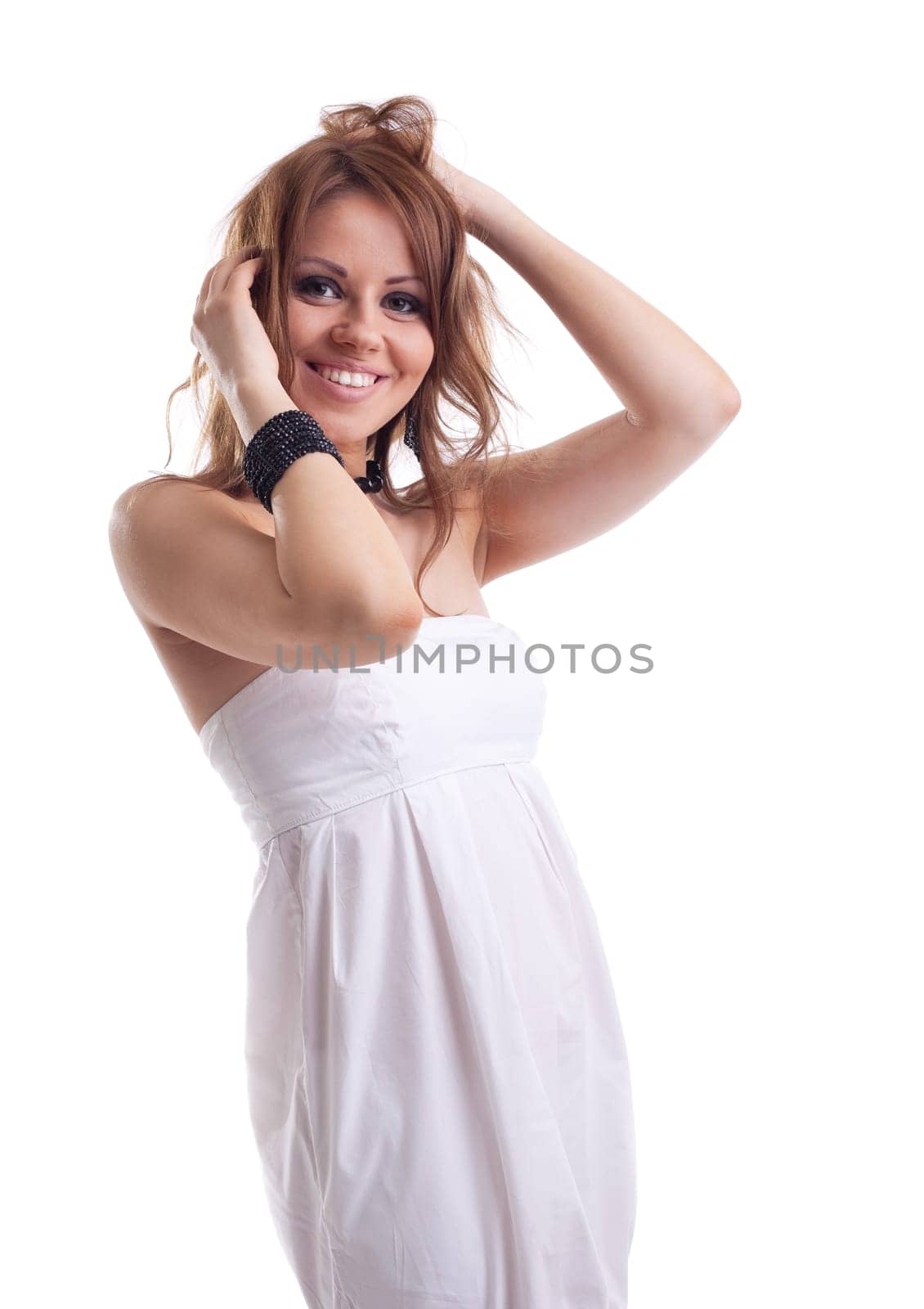 young woman with hair smile in white cloth isolated