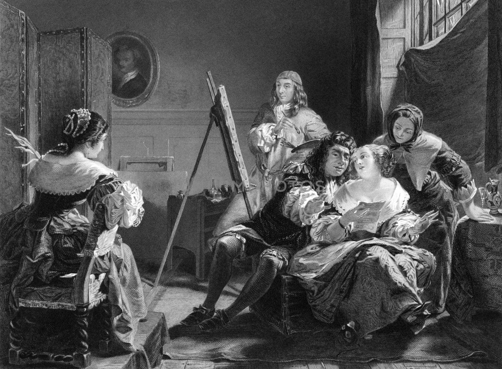 Artist making a portrait on engraving from 1855. Engraved by S.S.Smith after a painting by A.Elmore.