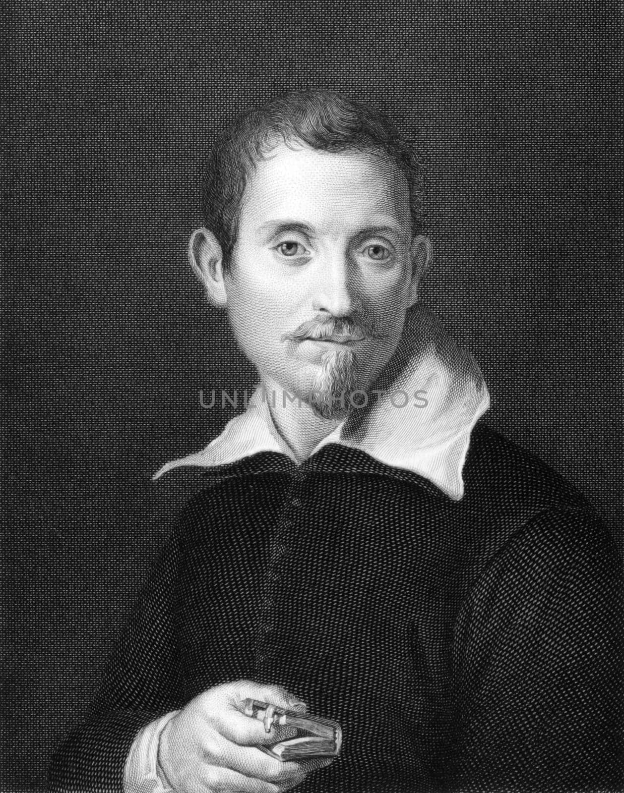 Domenico Zampieri aka Domenichino (1581-1641) on copper engraving from 1841. Italian Baroque painter. Engraved by F.Livi from a drawing by G.Tubino after a self portait by Domenichino.