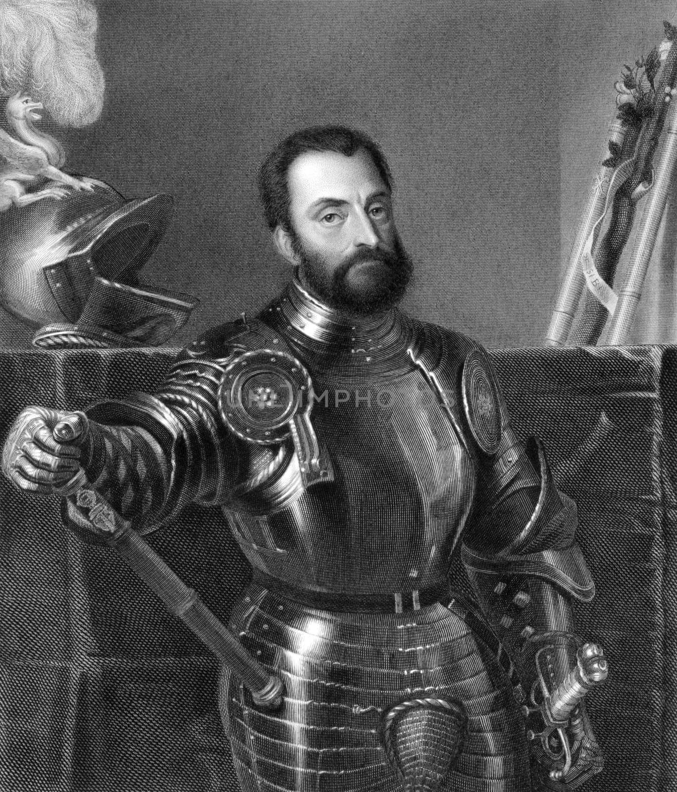 Francesco Maria I della Rovere (1490-1538) on copper engraving from 1841. Italian mercenary warlord and Duke of Urbino during 1508-1538. Engraved by J.Andrews from a drawing by G.Turbino after a painting by Titian.