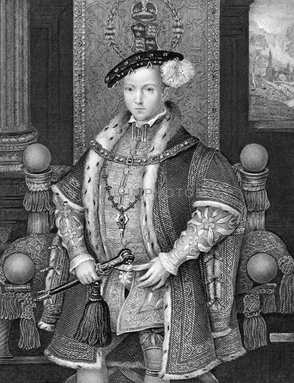 Edward VI (1537-1553) on engraving from 1840. King of England and Ireland during 1547-1553. Engraved by H.T.Ryall after a painting by Holbein and published by the London Printing and Publishing Company.