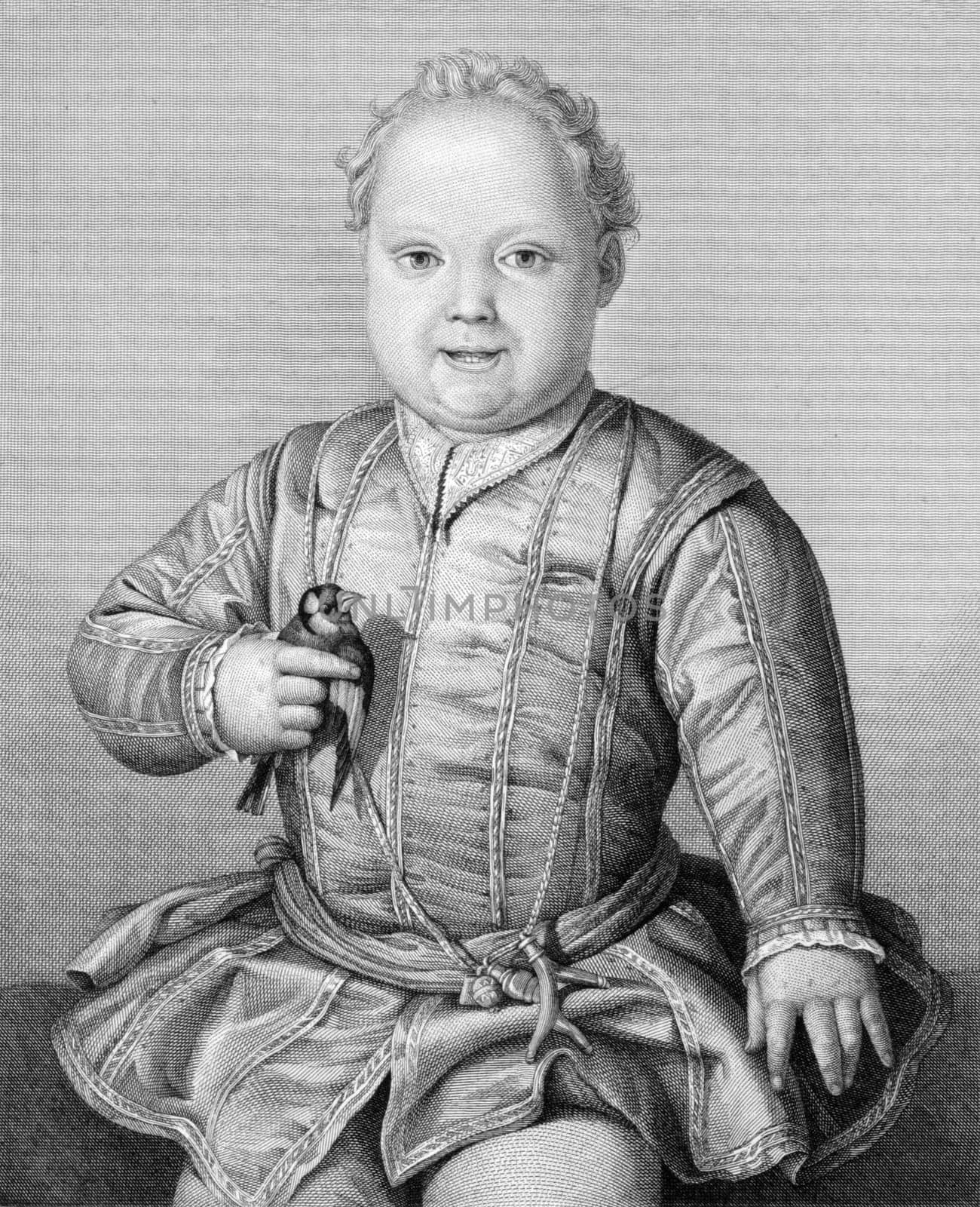 Giovanni di Cosimo I de&#039  Medici (1544-1562) on copper engraving from 1841. Italian cardinal, also known as Giovanni de&#039  Medici the Younger. Engraved by B.Foster from a drawing by G.Languinetti after a painting by Agnolo Bronzino.