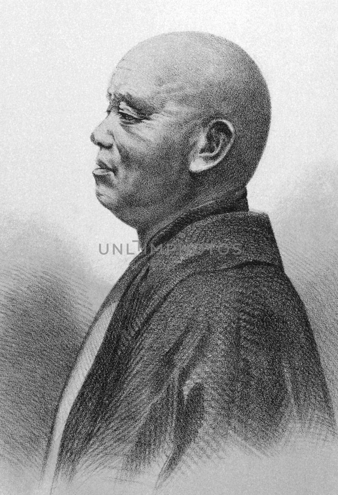 Buddhist Priest on engraving from 1856. Engraved by P.S Duval after a daguerreotype by E.Brown.