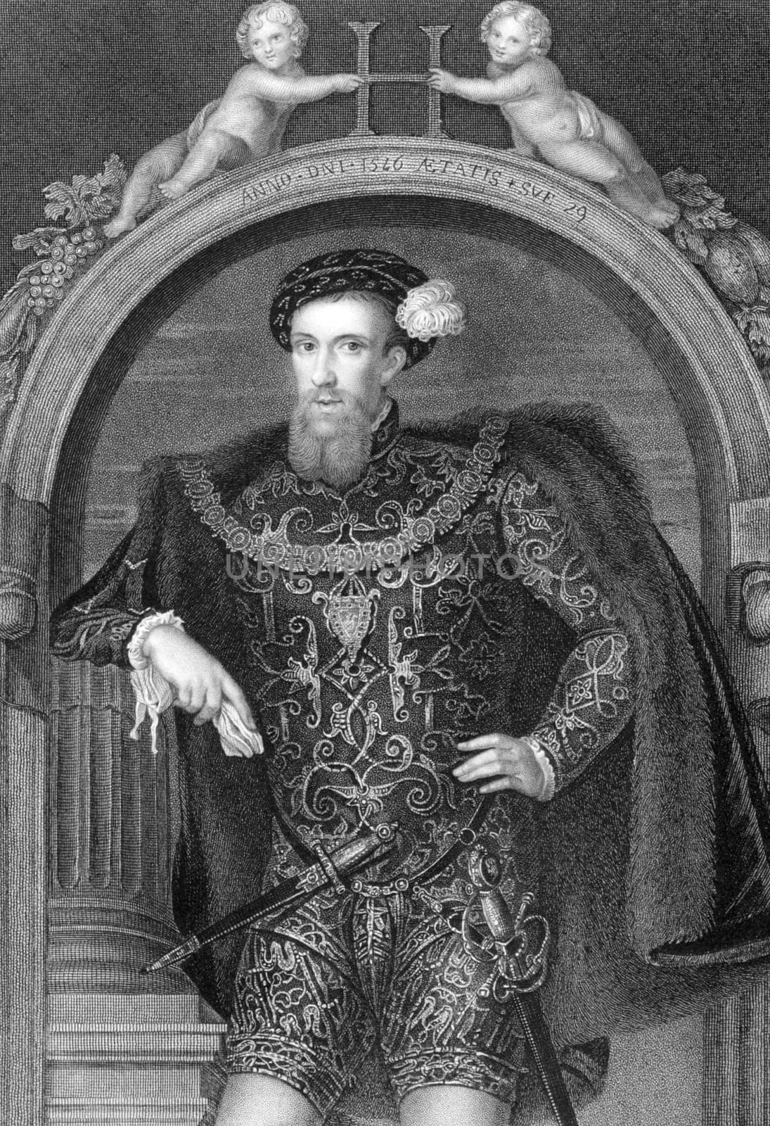 Henry Howard, Earl of Surrey, KG, Earl Marshal (1517-1547) on engraving from 1838. English aristocrat, and one of the founders of English Renaissance poetry. Engraved by J.Cochran and publised by J.F.Tallis, London &amp  New York.