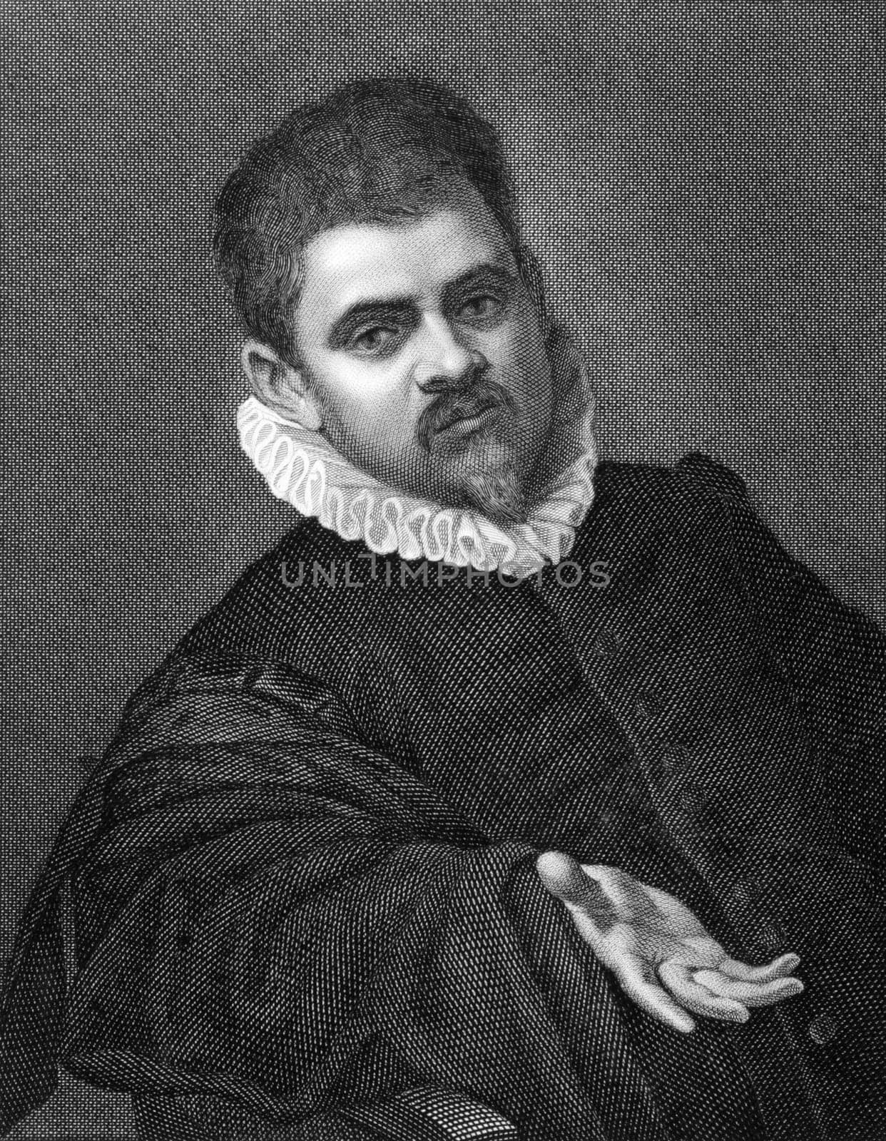 Agostino Carracci (or Caracci) (1557-1602) on copper engraving from 1841. Italian painter and printmaker. Engraved by G.Rivera from a drawing by G.Marrubini after a self portait by Carracci.