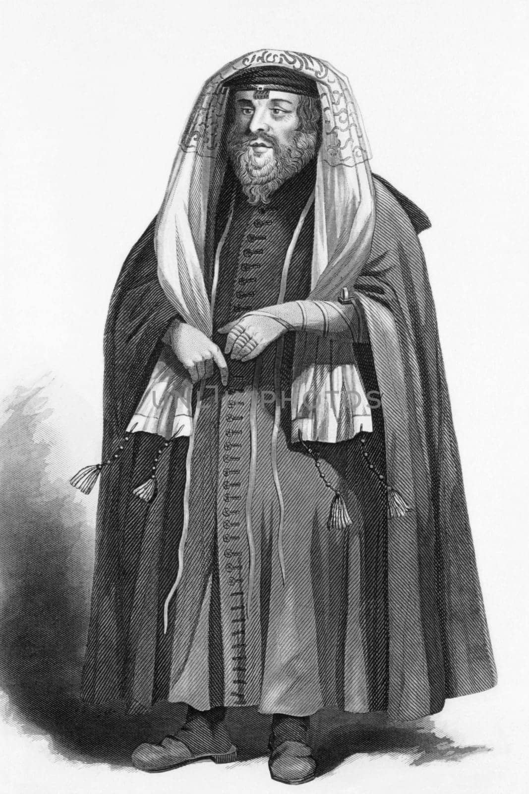 Jewish rabbi dressed for prayers on engraving from 1858. Engraved by R.Young and published by A.Fullarton &amp  Co, London &amp  Edinburgh.