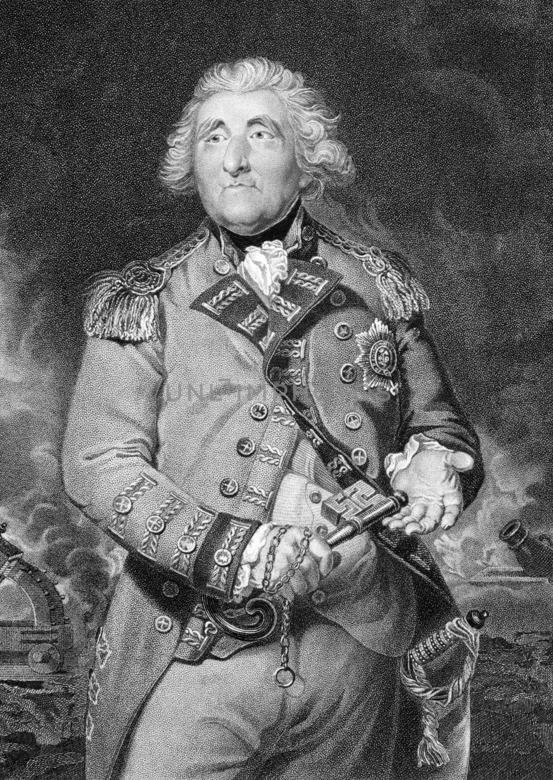George Augustus Eliott, 1st Baron Heathfield, KB (1717-1790) on engraving from 1820. British Army officer who served in three major wars. Engraved by J.Cochran after a painting by J.Reynolds.