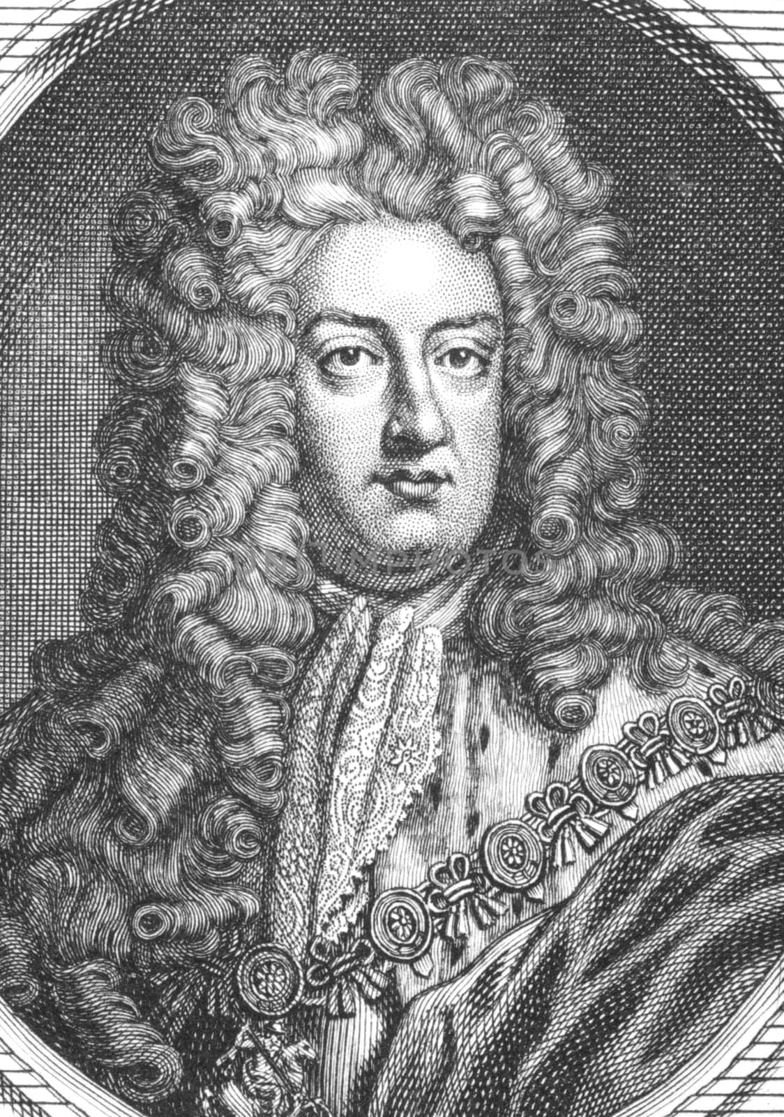 Prince George of Denmark and Norway, Duke of Cumberland (1653-1708) on engraving from the 1700s. Husband of Queen Anne of Great Britain.