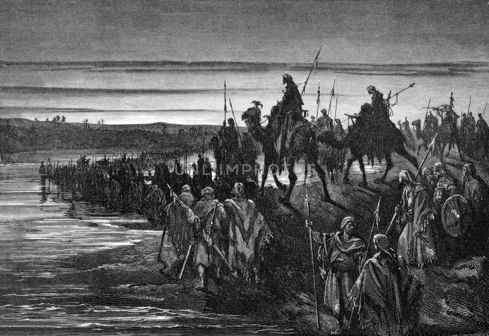 The Israelites Crossing the Jordan on engraving from 1875. Designed and drawn by G.Dore and engraved C.Laplante.